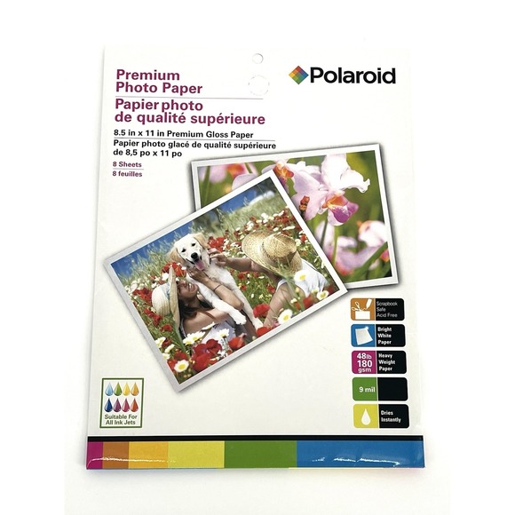 NEW Polaroid Premium Photo Paper 8.5"X11" Premium Gloss 8 Sheets Bright White - Picture 1 of 3